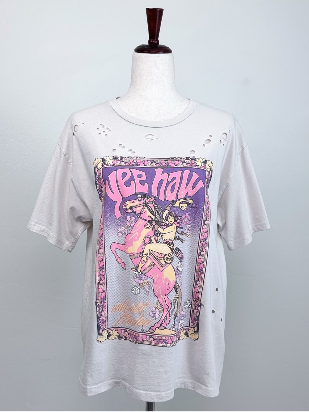 Altar'd State Oversized Wild West Rodeo Pink Cowgirl Distressed Crewneck T-Shirt